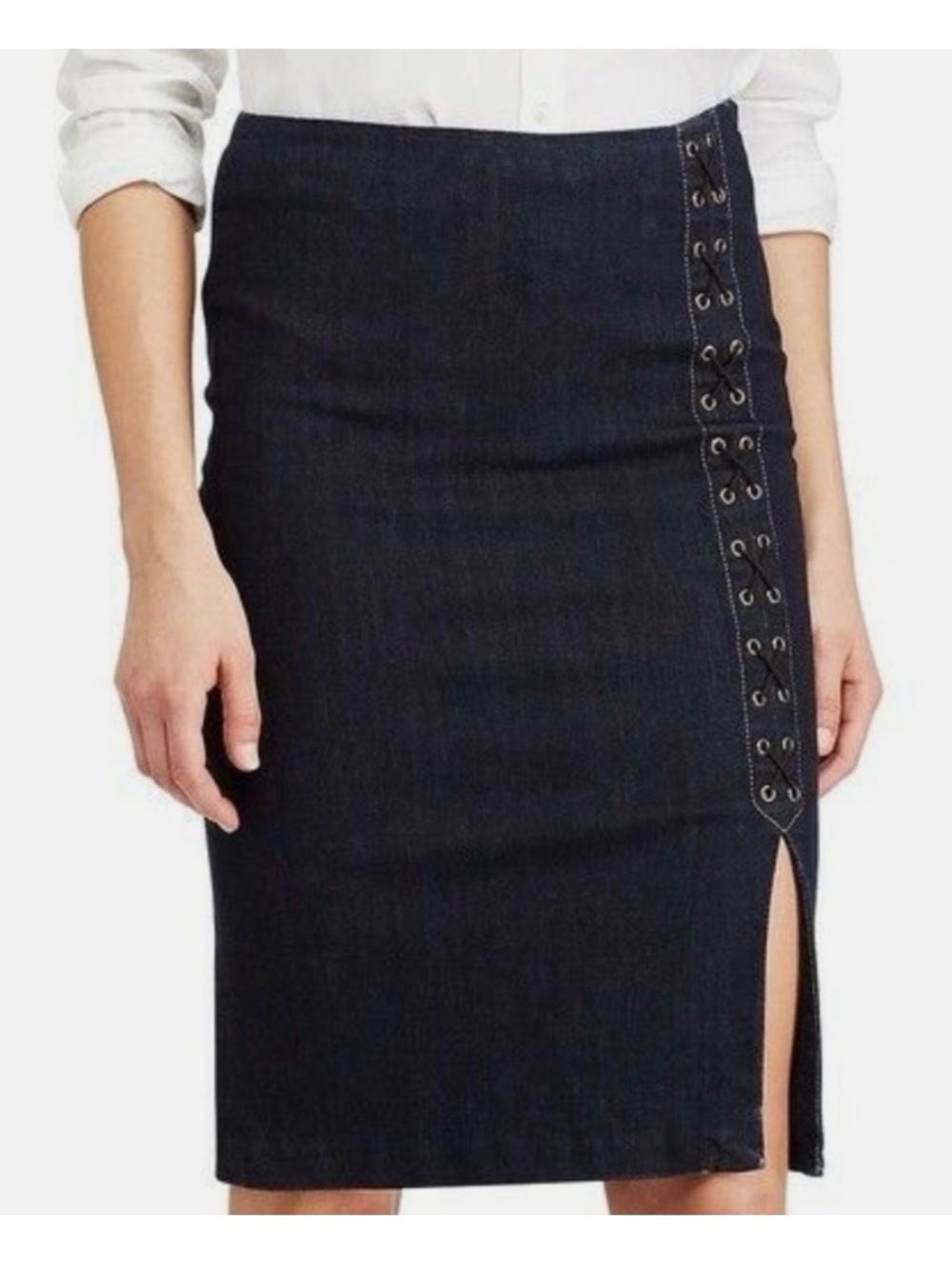 NWT Ralph Lauren Dark Navy Denim Pencil Skirt with Side Slit Size 12P